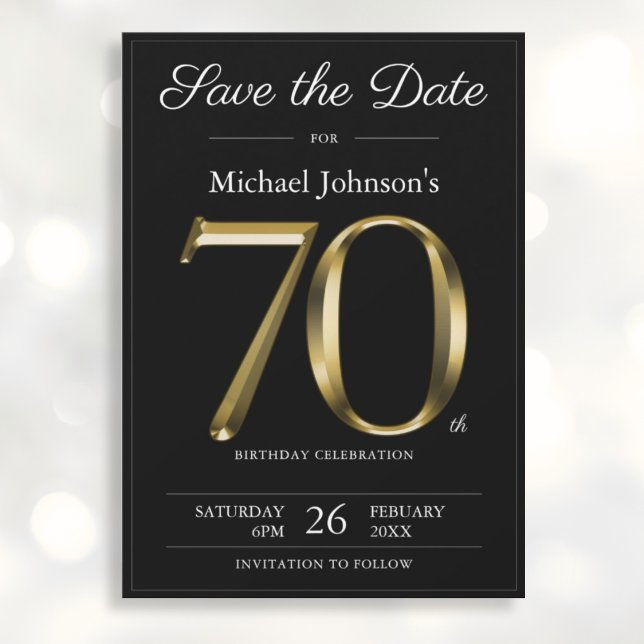 Classy Black and Gold 70th Birthday Party  Save The Date (Mockup View)