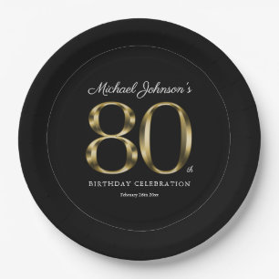 Classy Black and Gold 80th Birthday Party Paper Plate