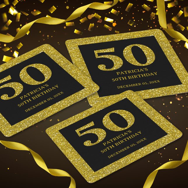 Classy Black And Gold Glitter 50th Birthday Party  Square Paper Coaster (Classy Black Gold Glitter 50th Birthday Party favors glittery glam classy  coasters)