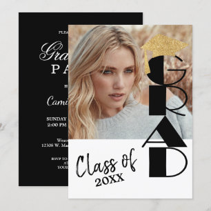 Classy Black and Gold Photo Graduation Invitation