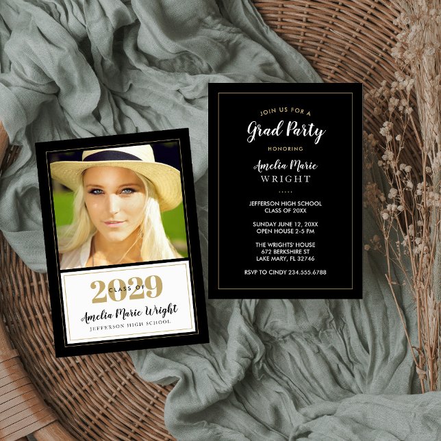 Classy Black and Gold Photo Graduation Party Invitation (Creator Uploaded)