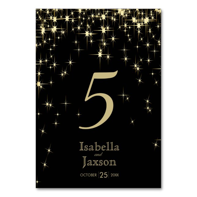 Classy Black and Gold Starlights Table Number (Front)