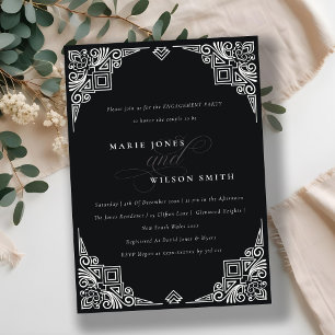 Classy Black and White Art Deco Ornate Engagement Invitation