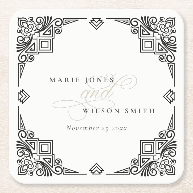Classy Black and White Art Deco Ornate Wedding Square Paper Coaster (Front)