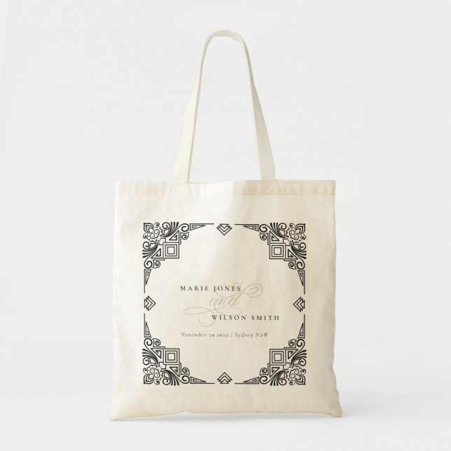 Classy Black and White Art Deco Ornate Wedding Tote Bag (Front)