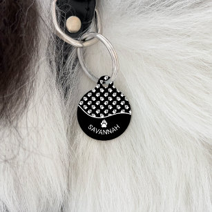 Classy Black And White Dog Paws Pattern & Name Pet Tag