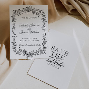 Classy Black And White Floral Botanical Wedding Save The Date