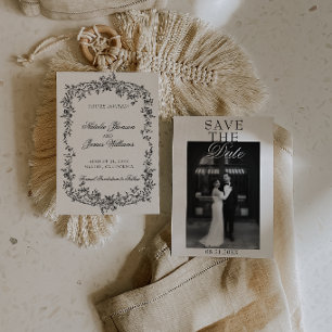 Classy Black And White Floral Photo Wedding Save The Date