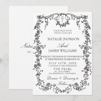 Classy Black And White Garden Monogram Wedding Invitation