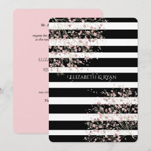 Classy, Black and White Stripes, Cherry Blossom Invitation