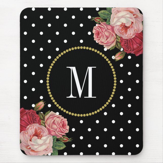 Classy Black Antique Floral Polka Dots Monogram Mouse Pad (Front)