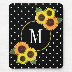 Classy Black Antique Floral Polka Dots Monogram Mouse Pad