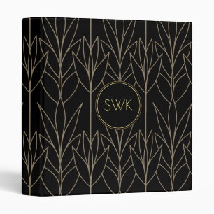 Classy Black & Beige Deco Floral Pattern Monogram Binder