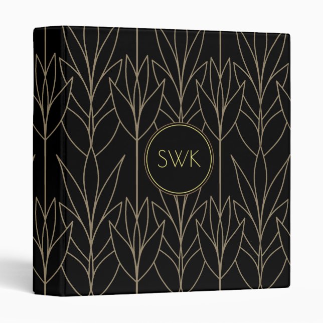 Classy Black & Beige Deco Floral Pattern Monogram Binder (Front/Spine)