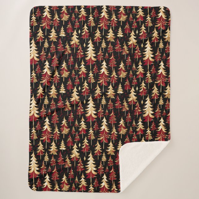 Classy Black, Burgundy and Gold Christmas Tree Sherpa Blanket (Front)