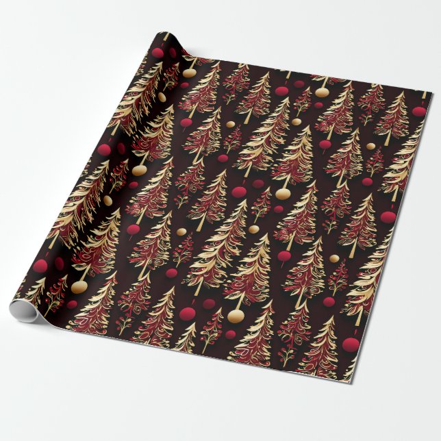 Classy Black, Burgundy and Gold Christmas Tree Wrapping Paper (Unrolled)