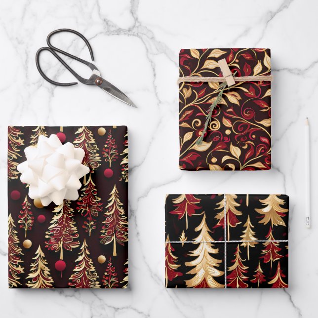 Classy Black, Burgundy and Gold Christmas Tree Wrapping Paper Sheet (Front)