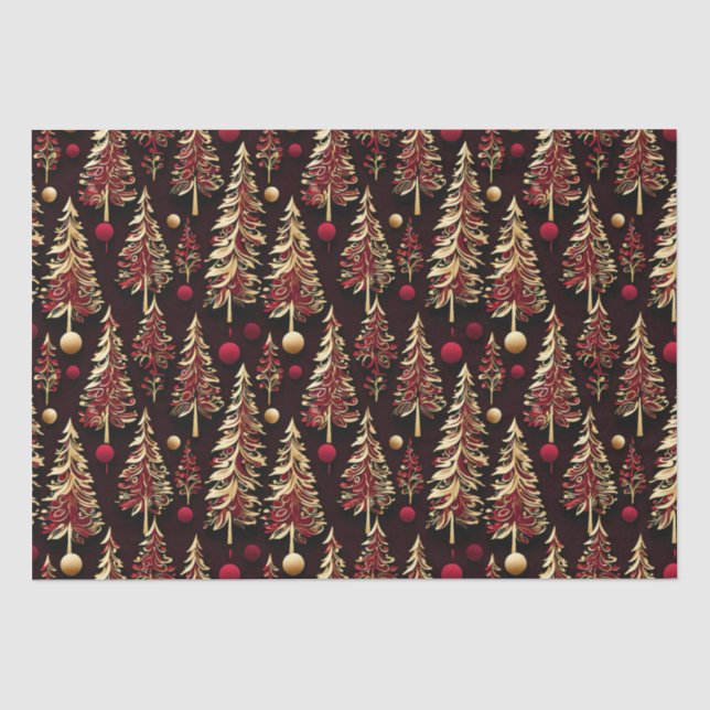 Classy Black, Burgundy and Gold Christmas Trees Tissue Paper (Front)