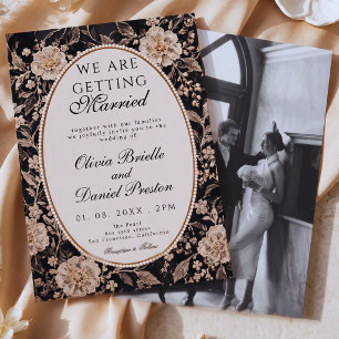 Classy Black Cream Floral Lace Pearl Photo Wedding Invitation