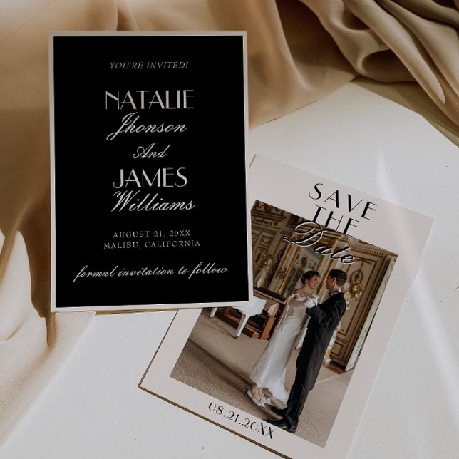 Classy Black Cream Old Money Photo Wedding Save The Date (Creator Uploaded)