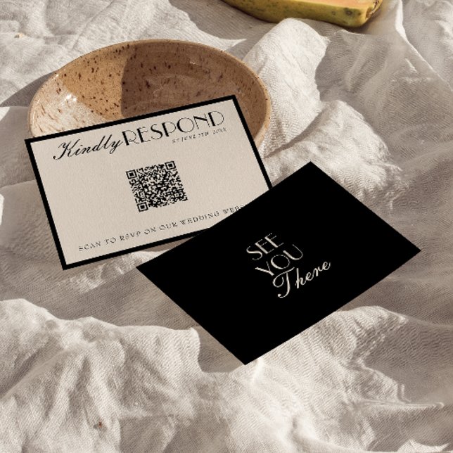 Classy Black Cream Old Money QR Code Wedding RSVP Card (Creator Uploaded)