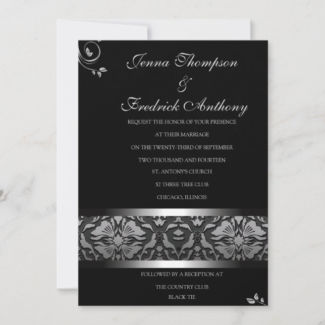 Classy Black Damask wedding invitation (Front)