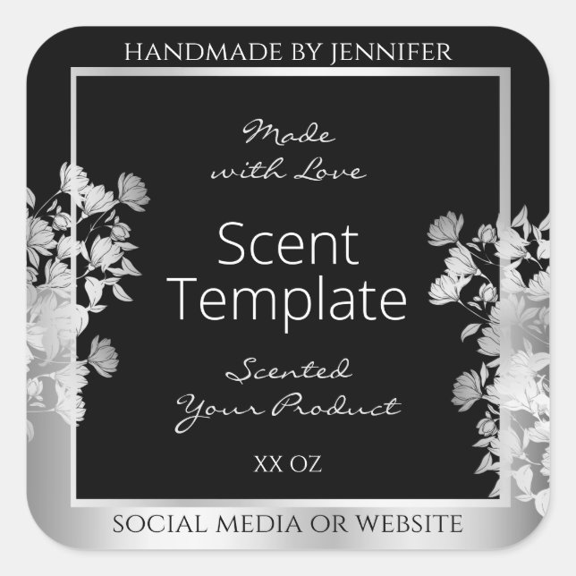Classy Black Floral Product Packaging Label Silver (Front)