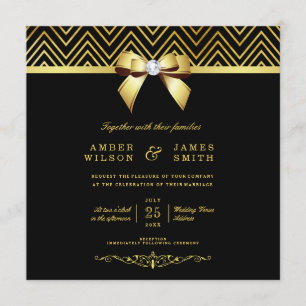 Classy Black Gold Chevrons Diamond Bow Wedding Invitation