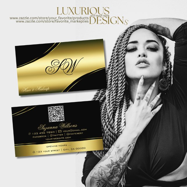Classy Black Gold Curved Lines Monogram QR Code Business Card (Creator Uploaded)
