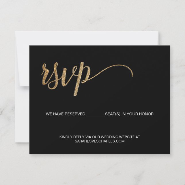 Classy Black Gold Custom Wedding website RSVP Card (Front)