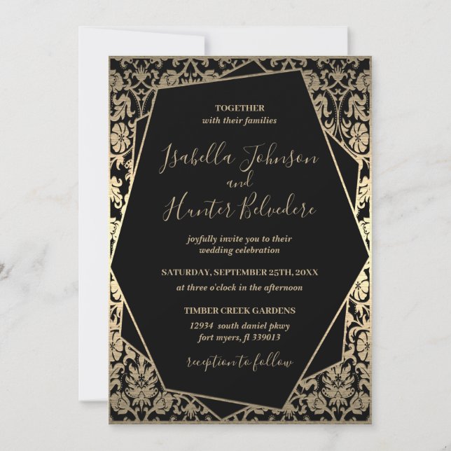 Classy Black & Gold Damask Metallic Frame Invitation (Back)