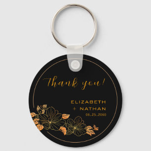 Classy Black Gold Floral Wedding Thank You Keychain