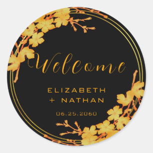 Classy Black Gold Floral Wedding Welcome Classic Round Sticker