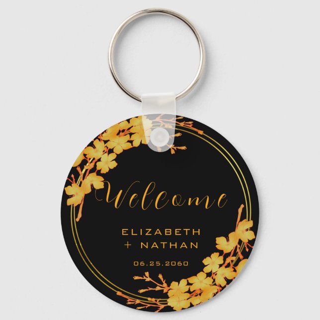 Classy Black & Gold Floral Wedding Welcome Keychain (Front)
