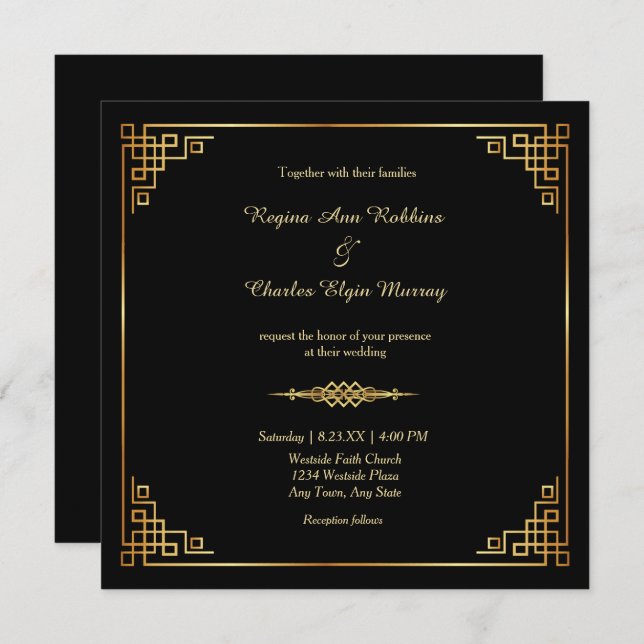 Classy Black Gold Frame Formal Wedding Invitation (Front/Back)