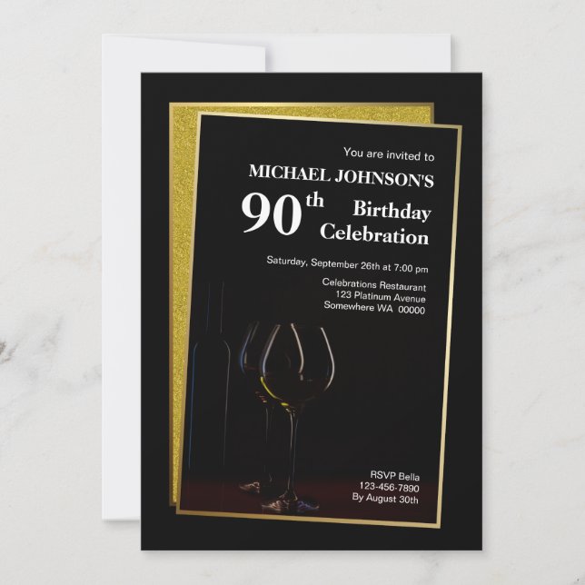 Classy Black Gold Glitter 90th Birthday Invitation (Front)