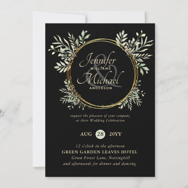 Classy Black Gold Greenery Wreath Wedding Invite (Front)