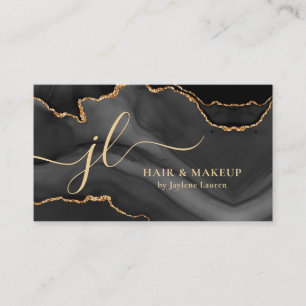 Classy Black Gold Marble Agate Monogram Script Business Card