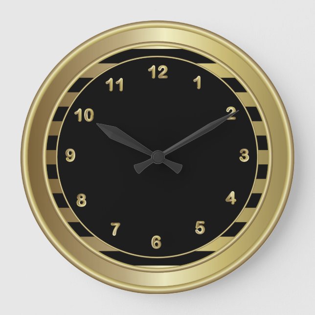 Classy Black & Gold Numbers and Stripes Large Clock (Front)