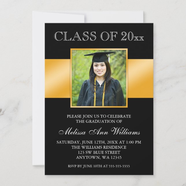 Classy Black Gold Photo Faire-part de graduation (Devant)