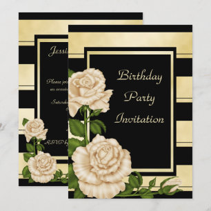 Classy Black & Gold Striped Floral Birthday Invitation