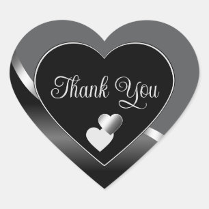 Classy Black Gray and Hearts Wavy Silver Thank You Heart Sticker