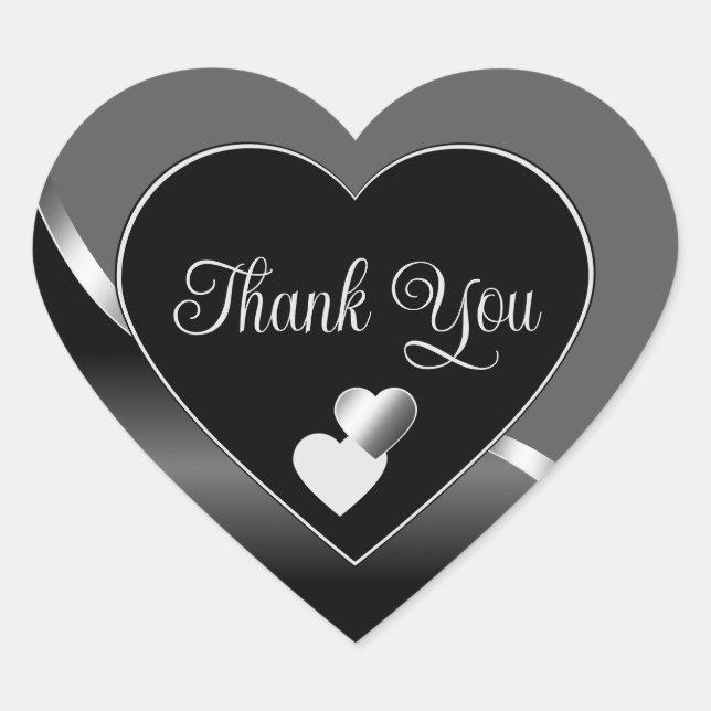 Classy Black Grey and Hearts Wavy Silver Thank You Heart Sticker (Front)