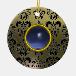 CLASSY BLACK GREY BLUE DAMASK GEM CERAMIC ORNAMENT