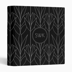 Classy Black & Grey Deco Floral Pattern Monogram Binder