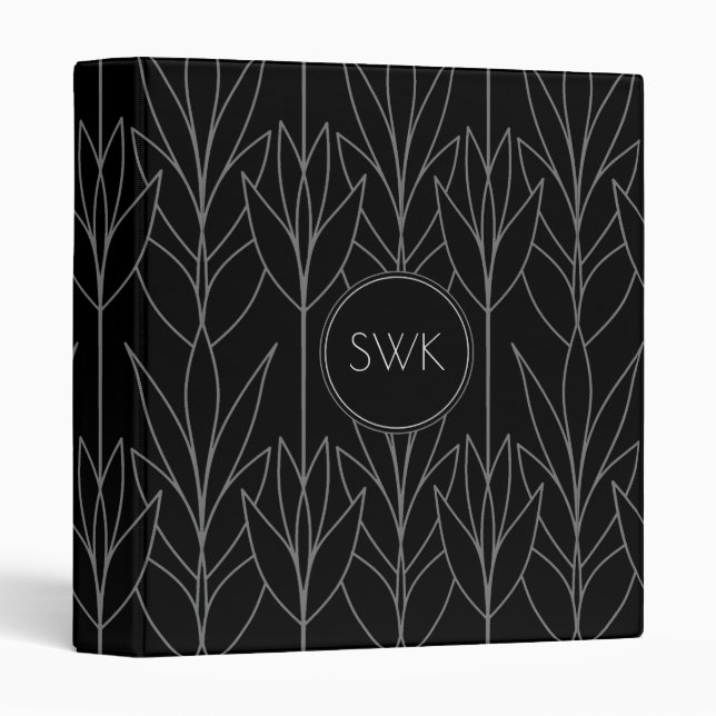 Classy Black & Grey Deco Floral Pattern Monogram Binder (Front/Spine)