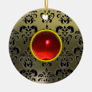 CLASSY BLACK GREY RED DAMASK  AND RUBY GEM STONE CERAMIC ORNAMENT