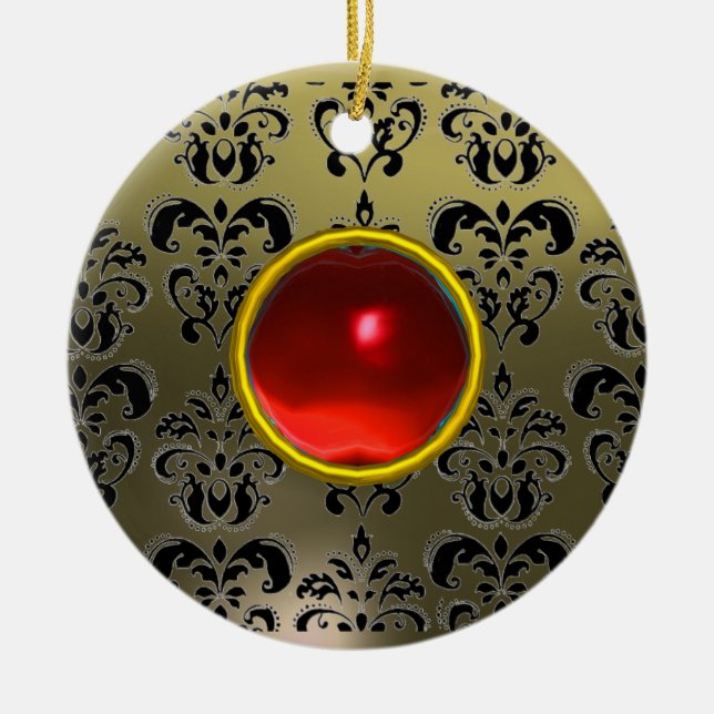 CLASSY BLACK GREY RED DAMASK  AND RUBY GEM STONE CERAMIC ORNAMENT (Front)