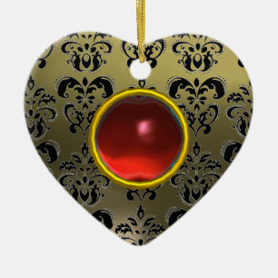 CLASSY BLACK GREY RED DAMASK  AND RUBY GEM STONE CERAMIC ORNAMENT