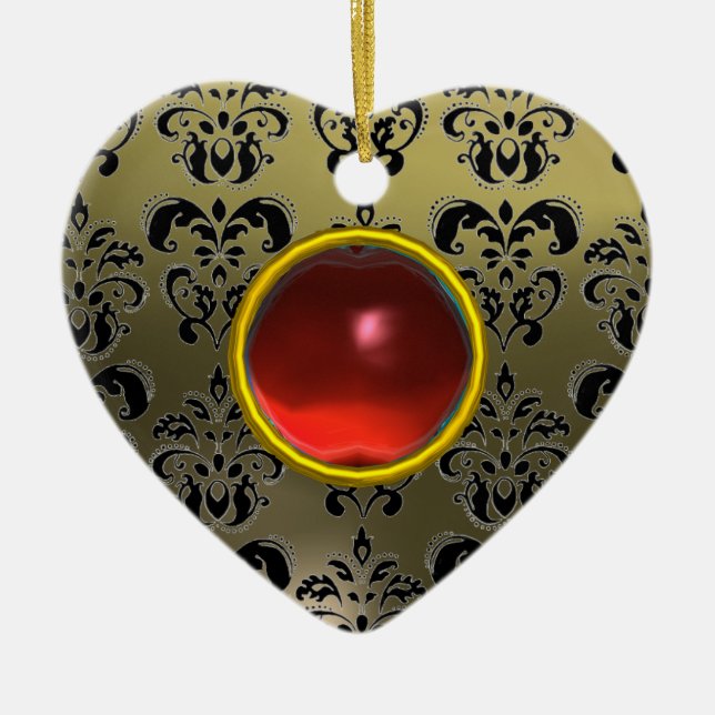CLASSY BLACK GREY RED DAMASK  AND RUBY GEM STONE CERAMIC ORNAMENT (Front)